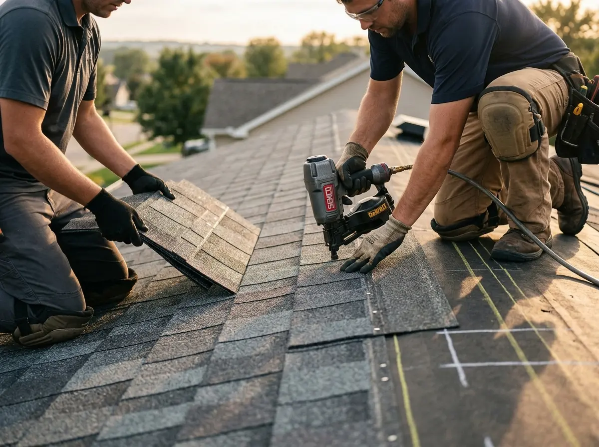 Professional roofer working on a residential roof in Abington